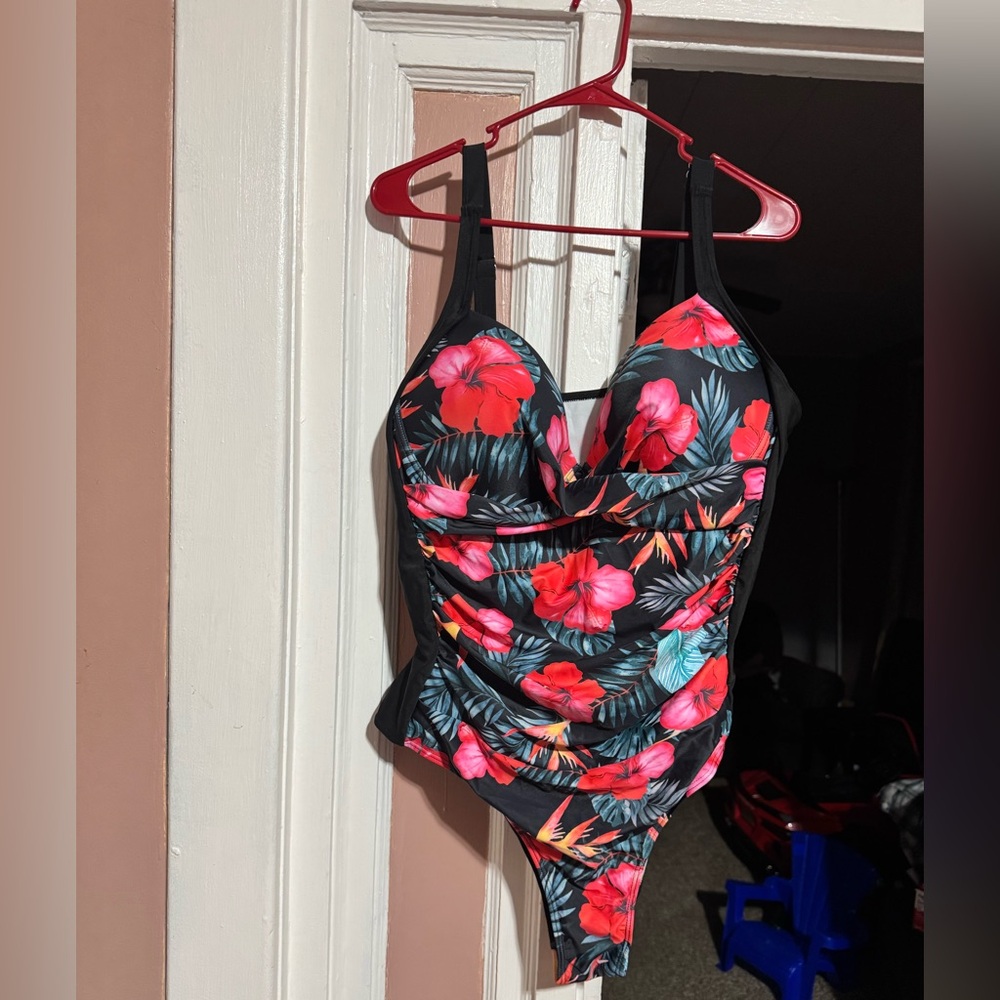 Floral One-Piece Swimsuit - Black and Red